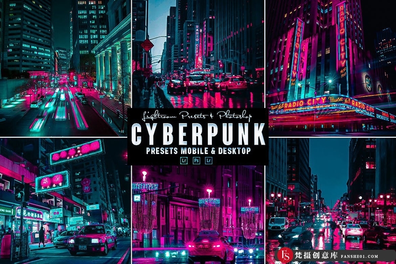 [风光LR预设]夜景风光赛博朋克后期调色Lightroom预设CyberpunkAction&LightromPresets-梵摄创意库