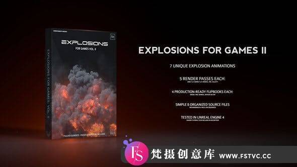 [创意特效]7组真实火焰爆炸多通道素材二套AE模板- Explosions for Games Vol.II-梵摄创意库