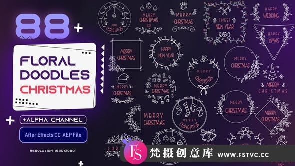 [节日庆典]88组圣诞节装饰元素文字标题动画AE模板- Floral Doodles Pack – Christmas