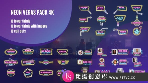 [文字标题]霓虹灯招牌文字标题动画AE模板- Neon Vegas Pack 4K-梵摄创意库