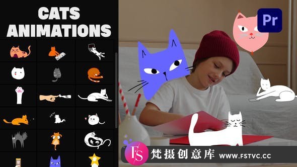 [Premiere模板]PR模板-手绘动画卡通猫小猫动画贴纸模板 Cartoon Cats Animations - 梵摄创意库-梵摄创意库