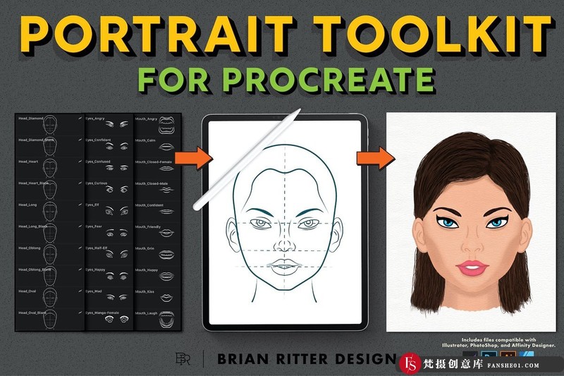 [Procreate笔刷]Procreate肖像笔刷工具包-头部笔刷眼睛笔刷耳朵笔刷鼻子和嘴笔刷-梵摄创意库