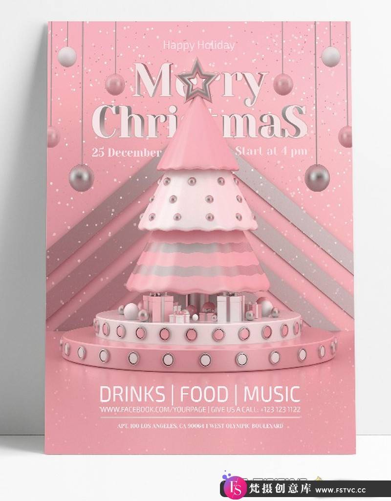[创意设计]立体粉色圣诞节海报psd分层源文件模板-梵摄创意库