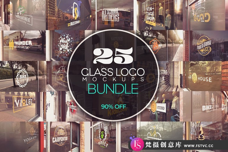 [PS样机模型]玻璃墙LOGO标志徽标PSD样机模型包GlassLogoMockupsBundlex25-梵摄创意库