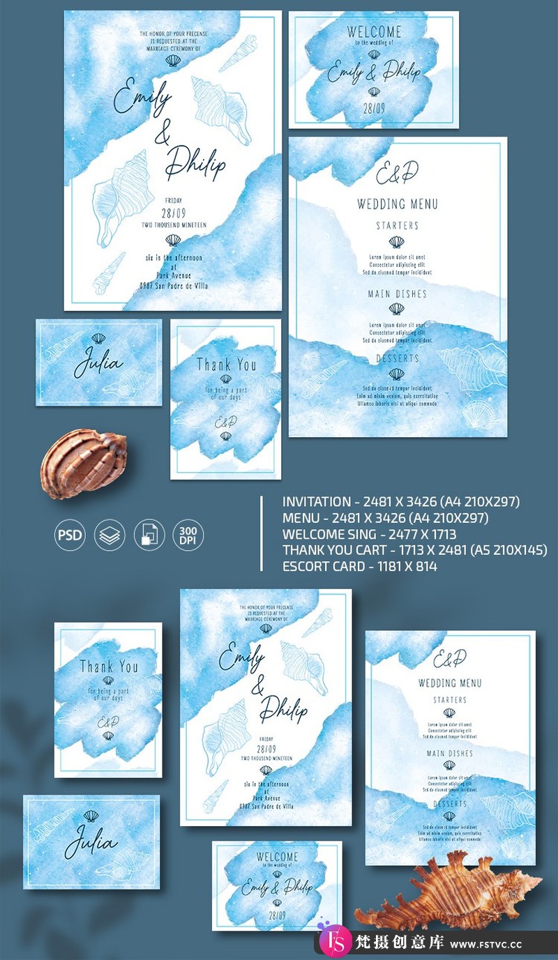 [创意设计]水彩蓝色海洋风婚礼邀请函套件PSD分层源文件下载-梵摄创意库