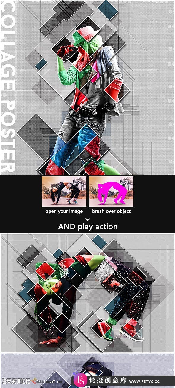 [PS动作下载]创意拼贴图形杂志海报PS动作Collage Graphic Poster Action(附教程)-梵摄创意库