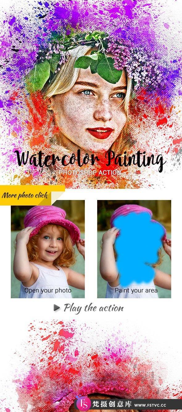 [PS动作下载]水彩喷溅绘画PS动作 Watercolor Painting Photoshop Action(附教程)-梵摄创意库