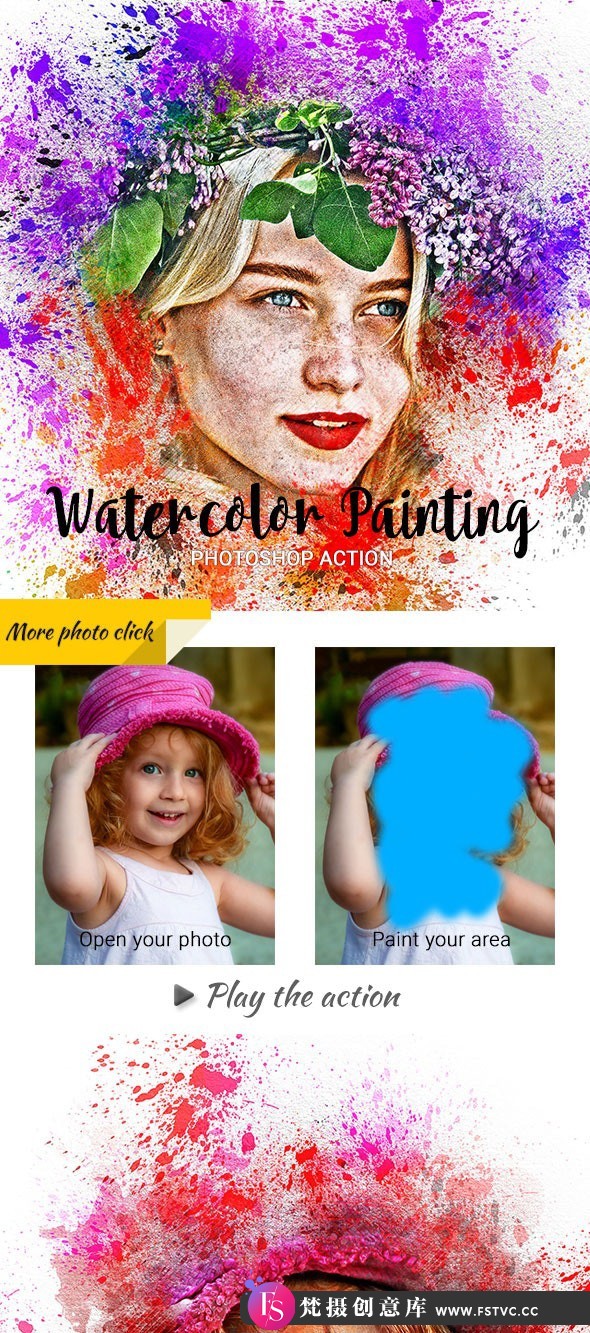 [PS动作下载]水彩喷溅绘画PS动作 Watercolor Painting Photoshop Action(附教程)