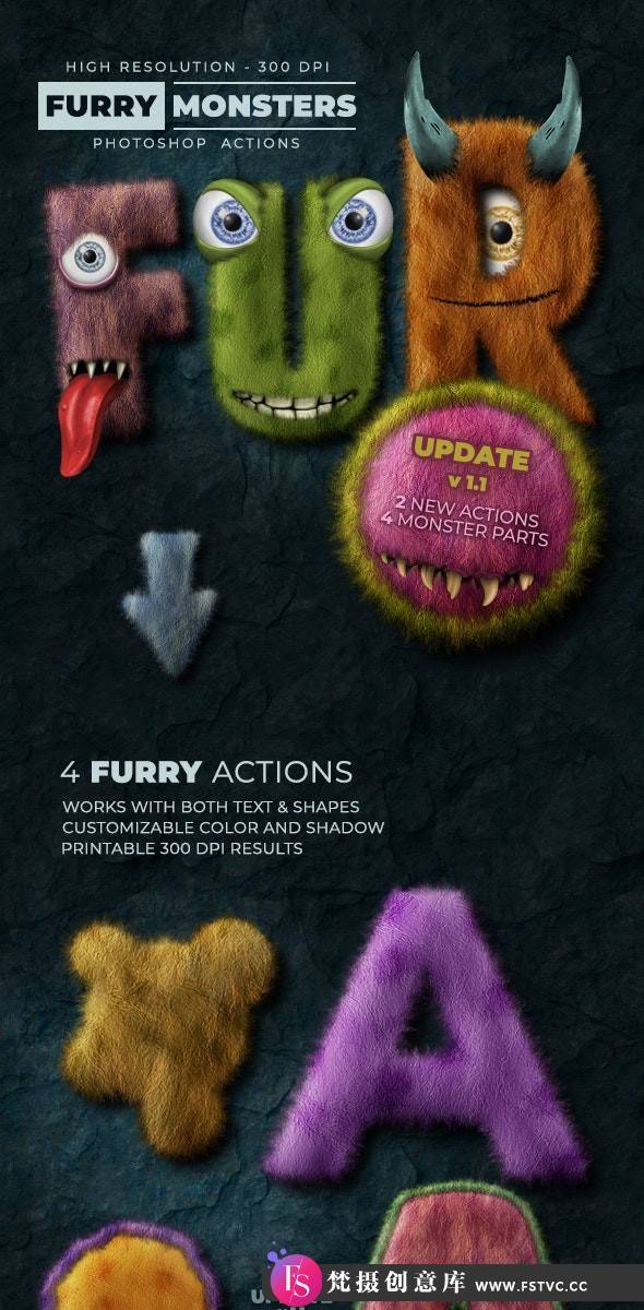 [中文版动作]毛茸玩具怪物中文汉化版PS动作 Furry Monster Actions – 300 DPI-梵摄创意库
