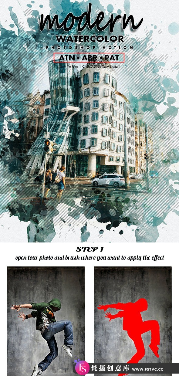 [PS动作下载]现代水彩画PS动作 Modern Watercolor Photoshop Action附视频教程 - 梵摄创意库-梵摄创意库