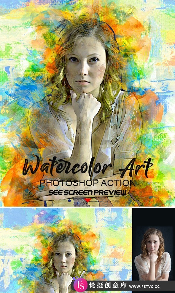 [PS动作下载]水彩画艺术特效PS动作Watercolor Art Photoshop action附视频教程