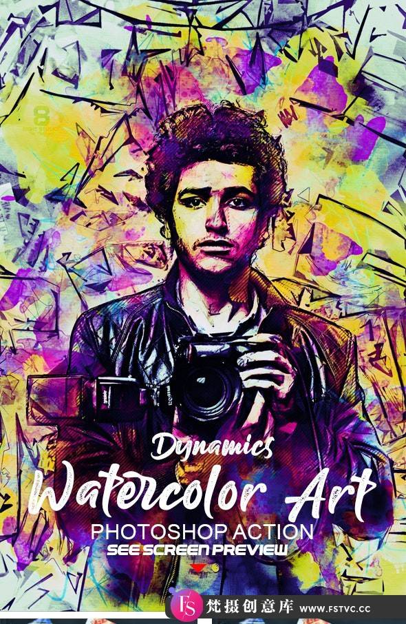 [PS动作下载]动态水彩艺术PS特效动作-Dynamics Watercolor Art action 附视频教程-梵摄创意库