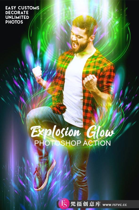 [PS动作下载]辉光光效爆炸特效广告海报PS动作 Explosion Glow Effect Ps Action(附视频教程)-梵摄创意库