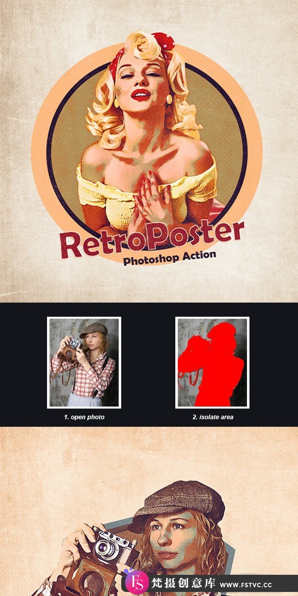 [PS动作下载]复古广告海报Photoshop动作 Retro Poster Photoshop Action附视频教程-梵摄创意库