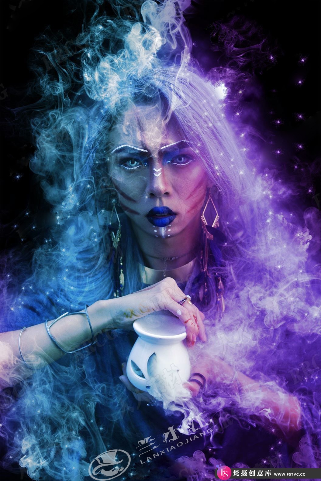[PS动作下载]梦幻魔术风格蓝紫色调烟雾缭绕人像艺术图像处理特效PS动作-梵摄创意库