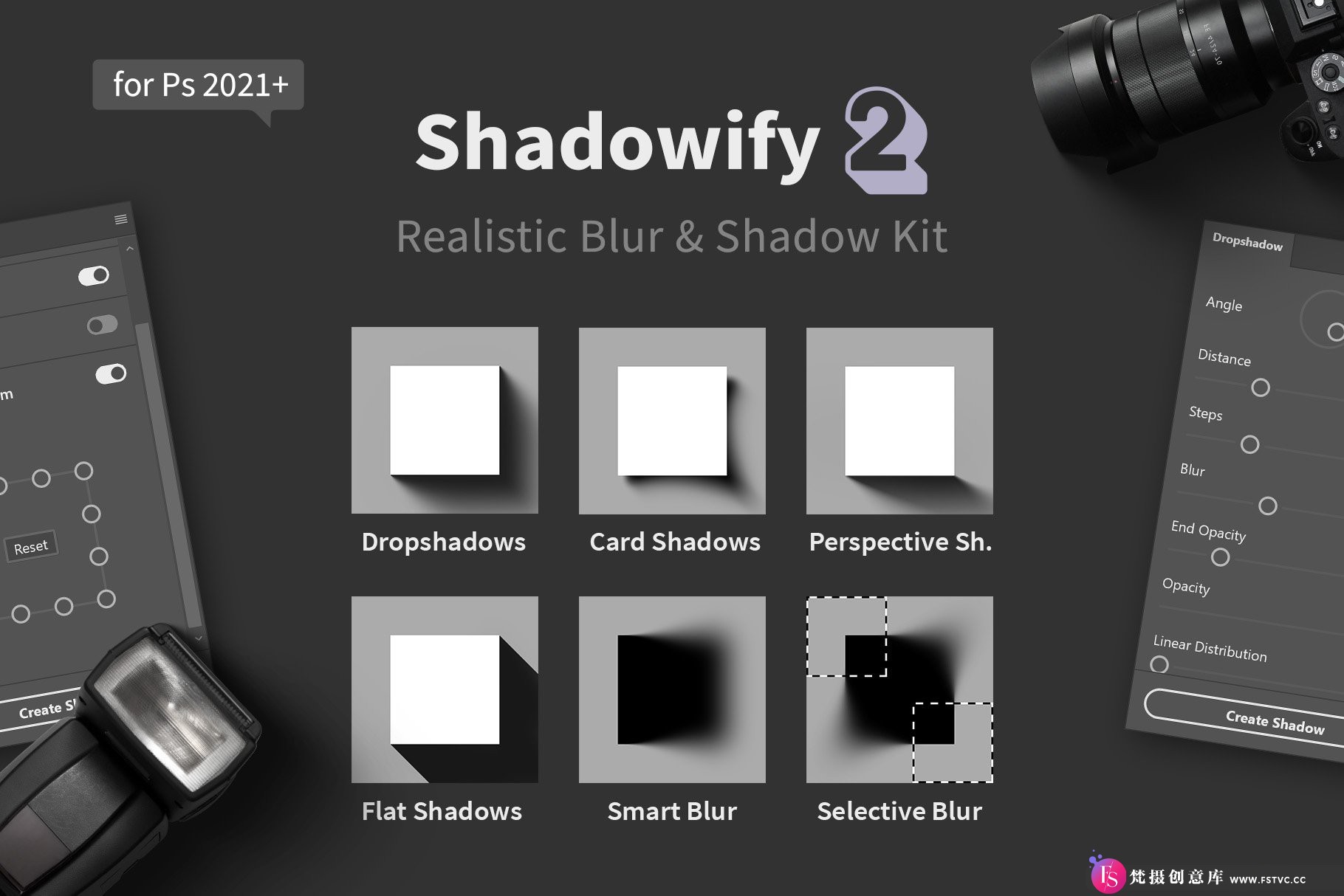 Shadowify 2：一键生成逼真阴影和模糊效果的Photoshop插件！WIN+MAC-梵摄创意库