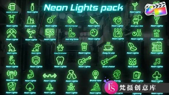 FCPX插件霓虹灯荧光文字标题模板Neon Lights Big Pack for FCPX-梵摄创意库