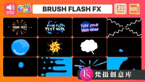 FCPX插件：手绘动画动态卡通转场模板Brush Flash FX fcpx-梵摄创意库