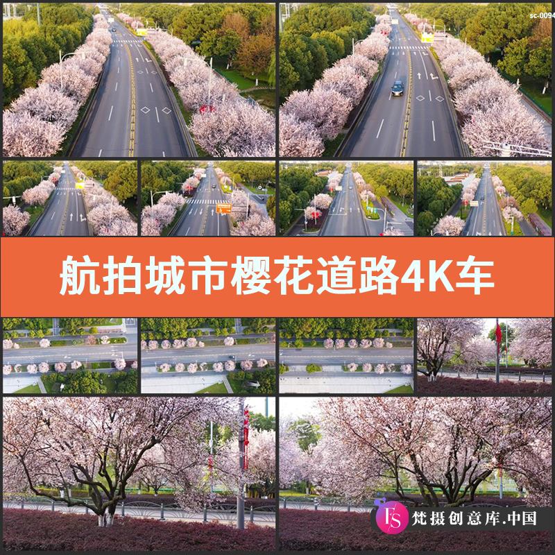 航拍城市樱花道路4K视频素材实拍车流公路环境绿化绿色交通宣传片-梵摄创意库