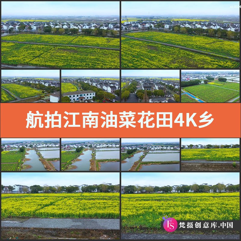 航拍江南油菜花田4K视频素材实拍乡村农村农业种植业田野风光-梵摄创意库