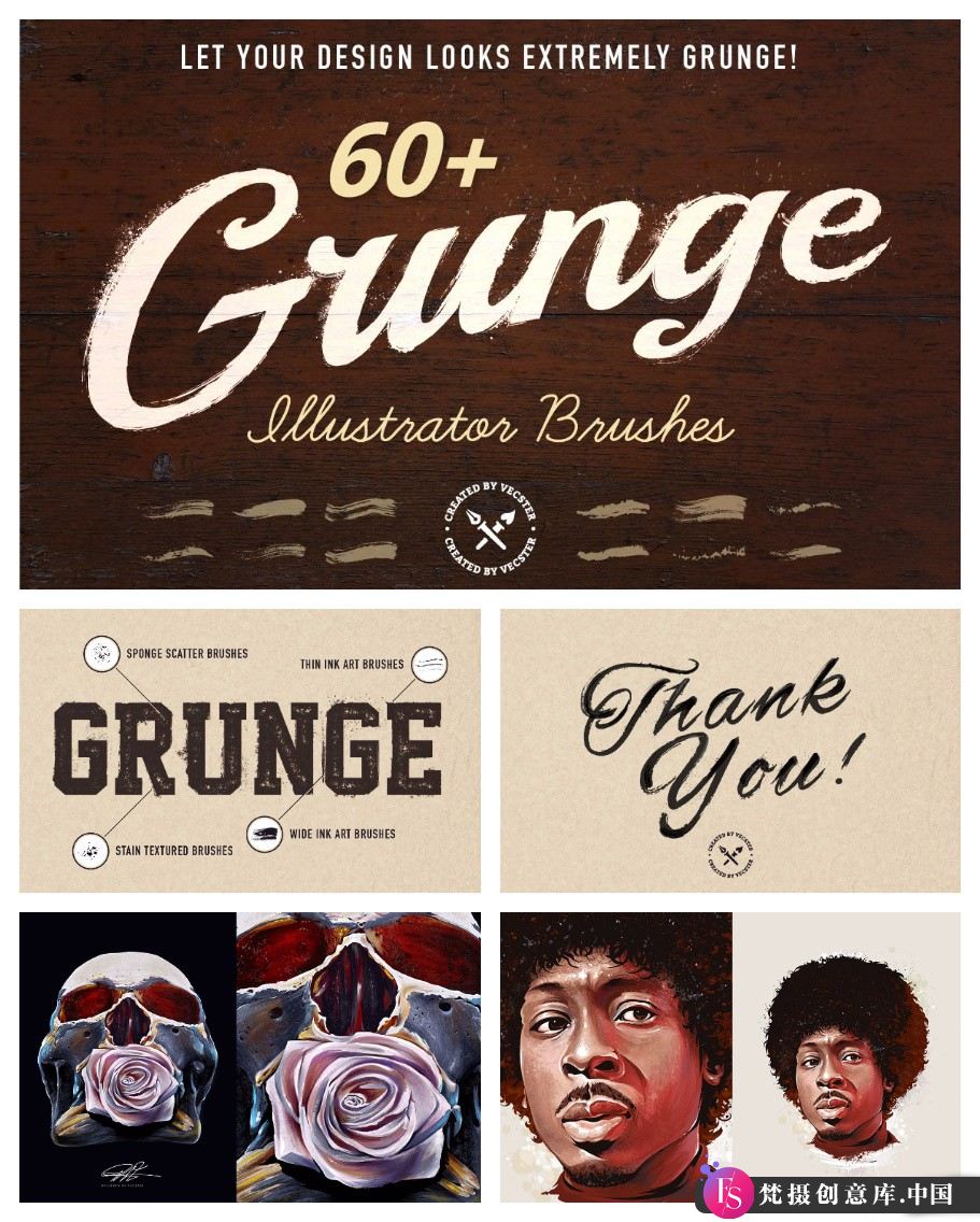 AI笔刷60多种完美的手工墨水Illustrator画笔60+ Grunge Illustrator Brushes-梵摄创意库