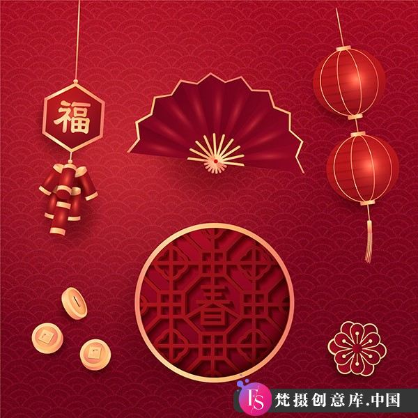 传统图案新年春节元素,灯笼,中国结,金币,炮竹矢量素材-梵摄创意库