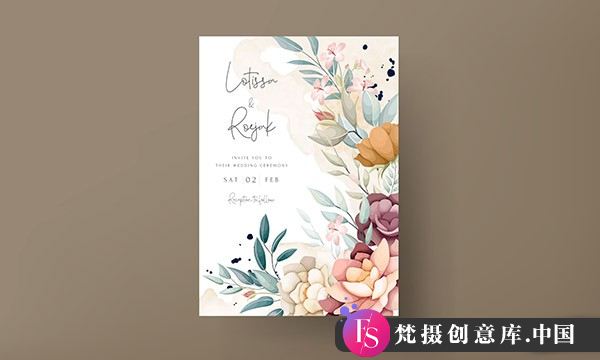 卡片名片水彩花卉装饰婚礼卡片模板矢量素材-梵摄创意库