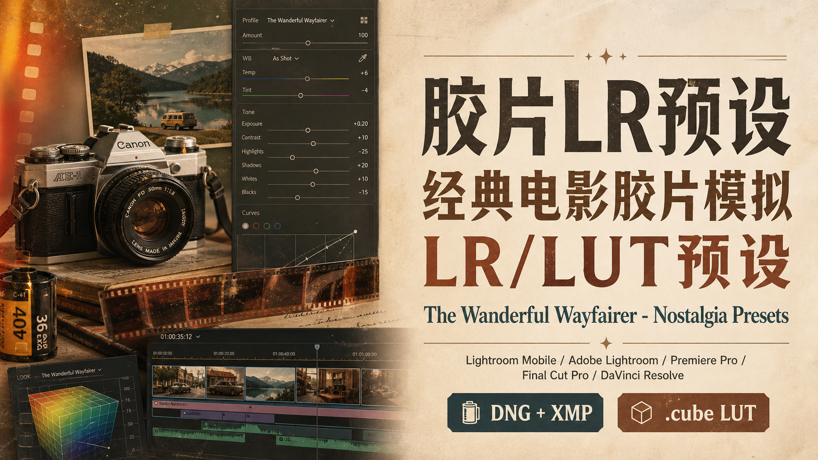 胶片LR预设经典电影胶片模拟LR/LUT预设 The Wanderful Wayfairer-Nostalgia Presets