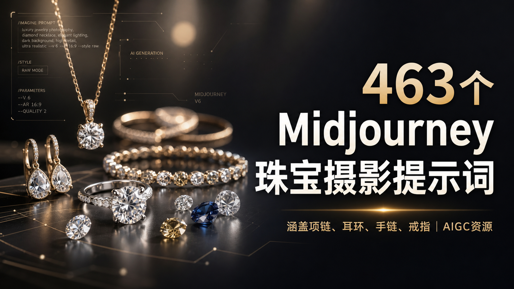 463个Midjourney珠宝摄影提示词-涵盖项链耳环手链戒指-第一卷,-AIGC资源