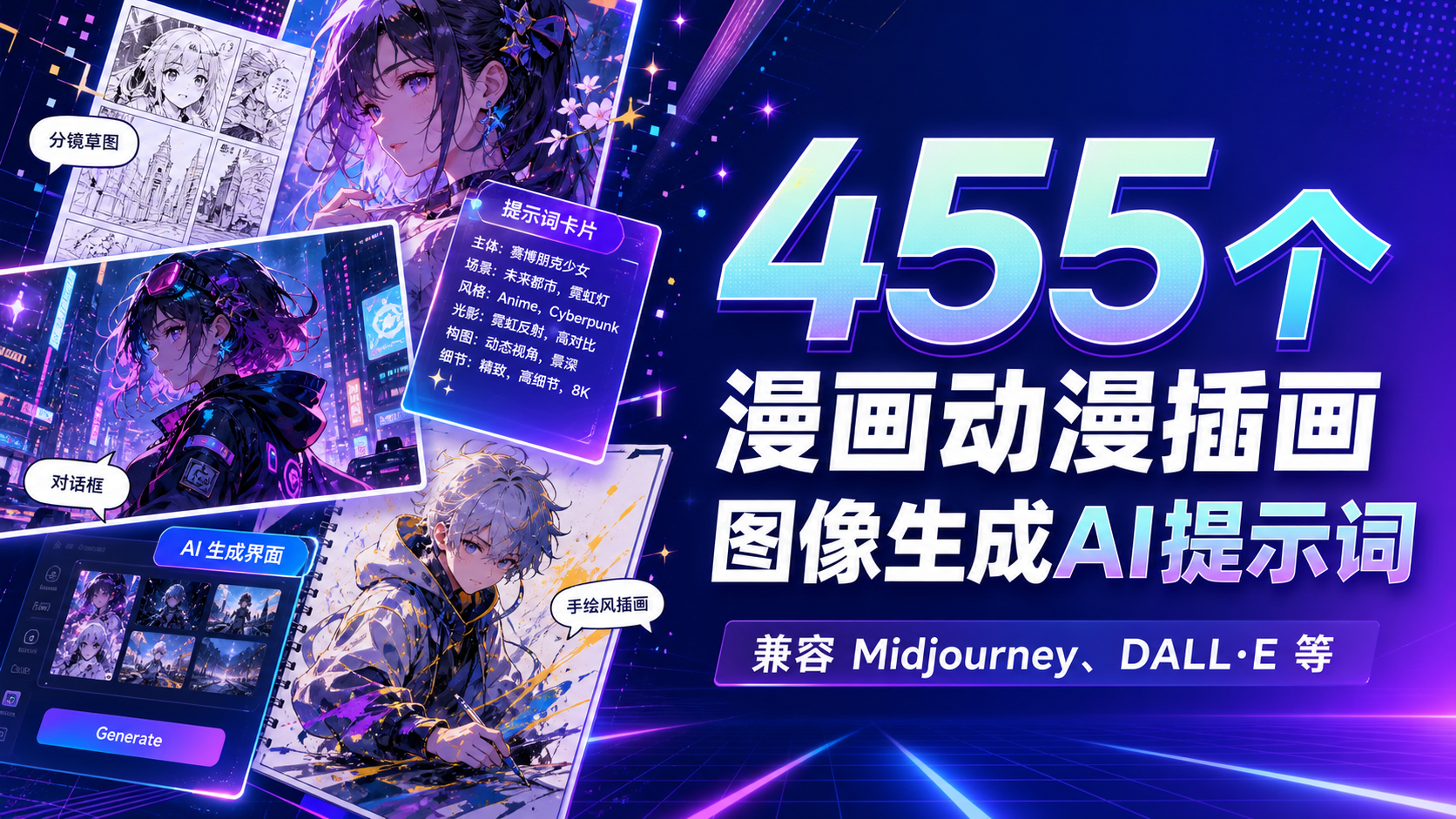 455个漫画动漫插画图像生成AI提示词-兼容Midjourney,DALL·E等-AIGC资源