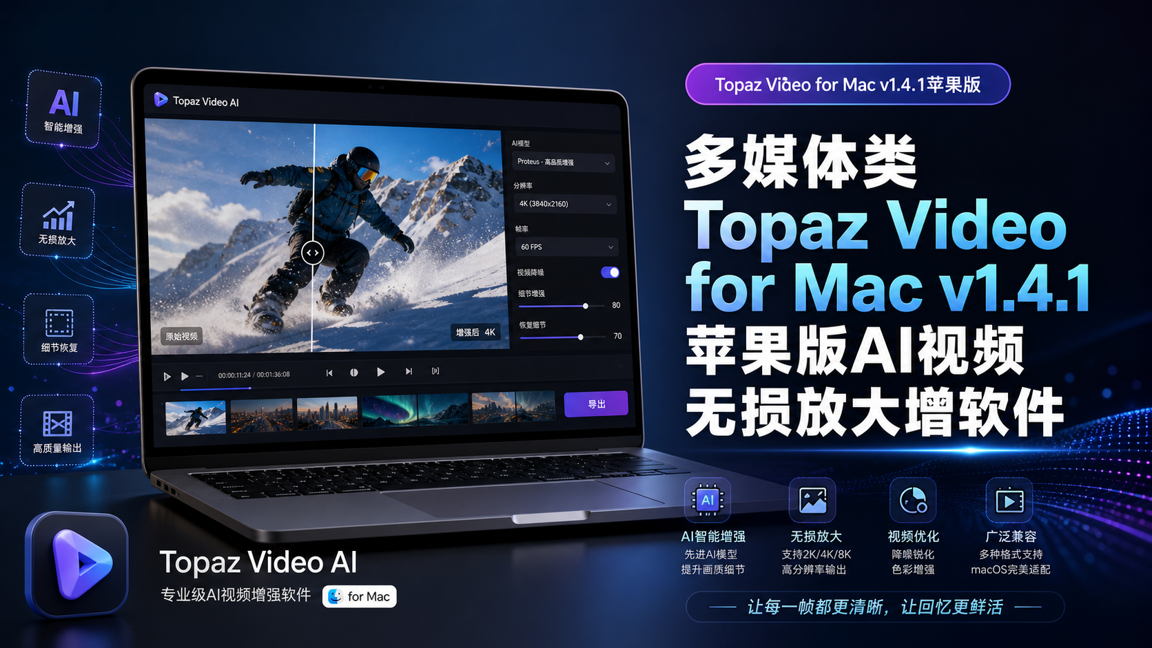 多媒体类Topaz Video for Mac v1.4.1苹果版AI视频无损放大增软件