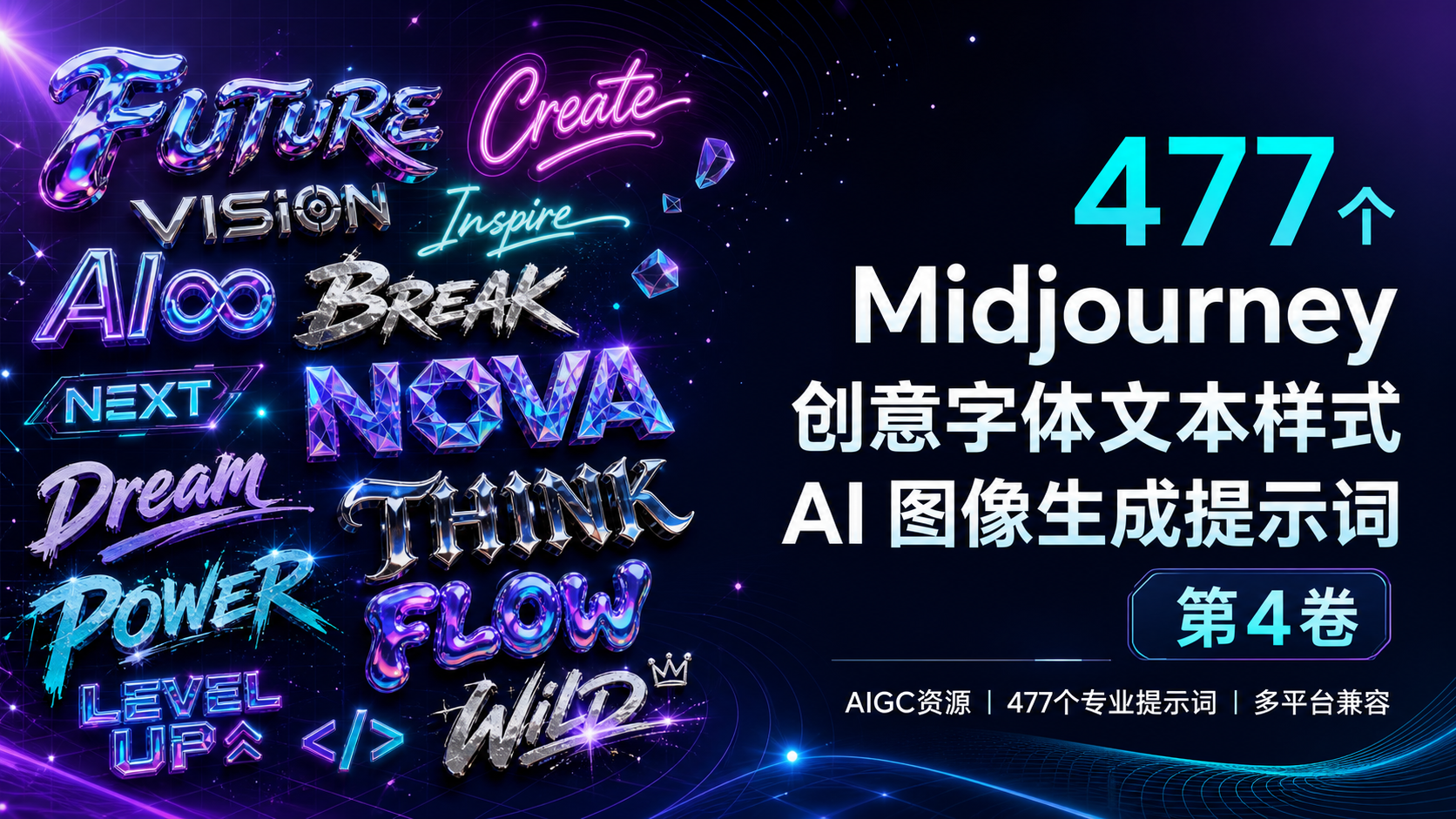 477个Midjourney创意字体文本样式AI图像生成提示词第4卷-AIGC资源